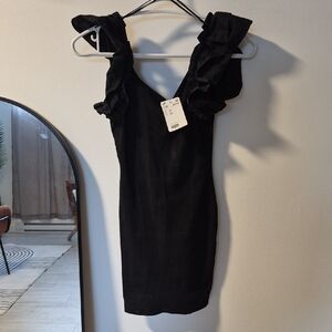 Divided Black Ruffle Sleeve Mini Dress